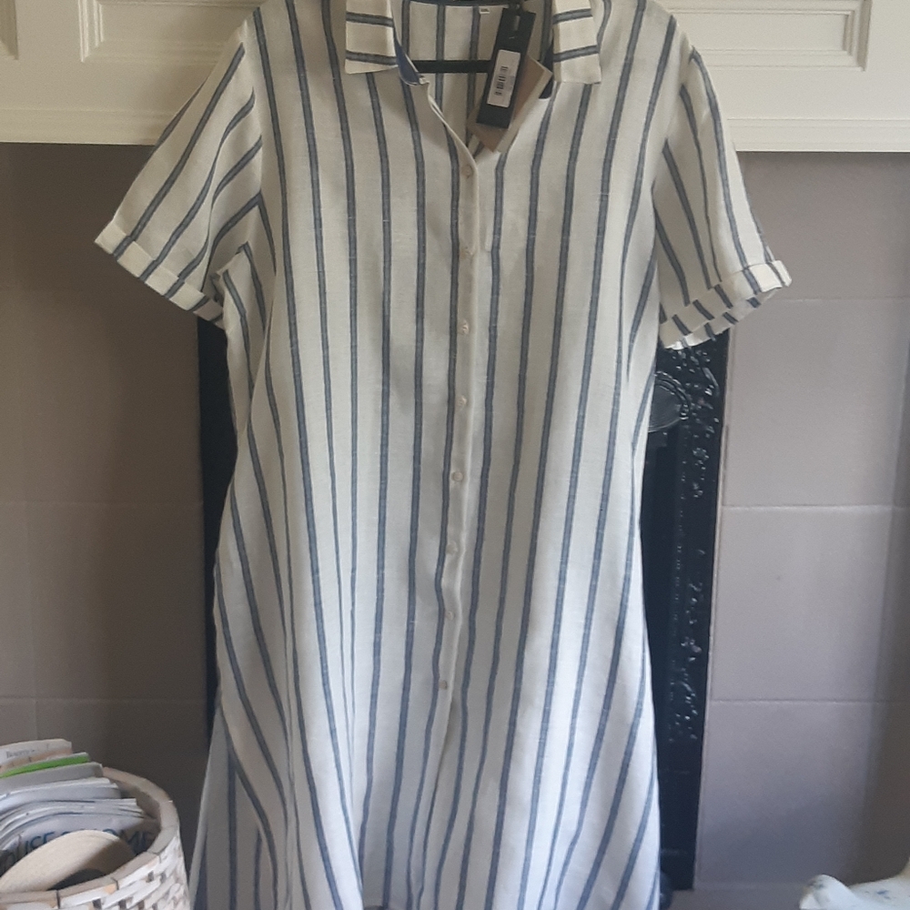 Blue Striped Button-Down Dress...Italian Linen. NWT